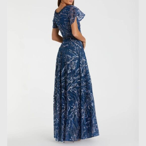 $798 Mac Duggal Size 20 Dark Navy Blue Silver Full Length A-Line Gown Maxi Dress - Picture 4 of 4